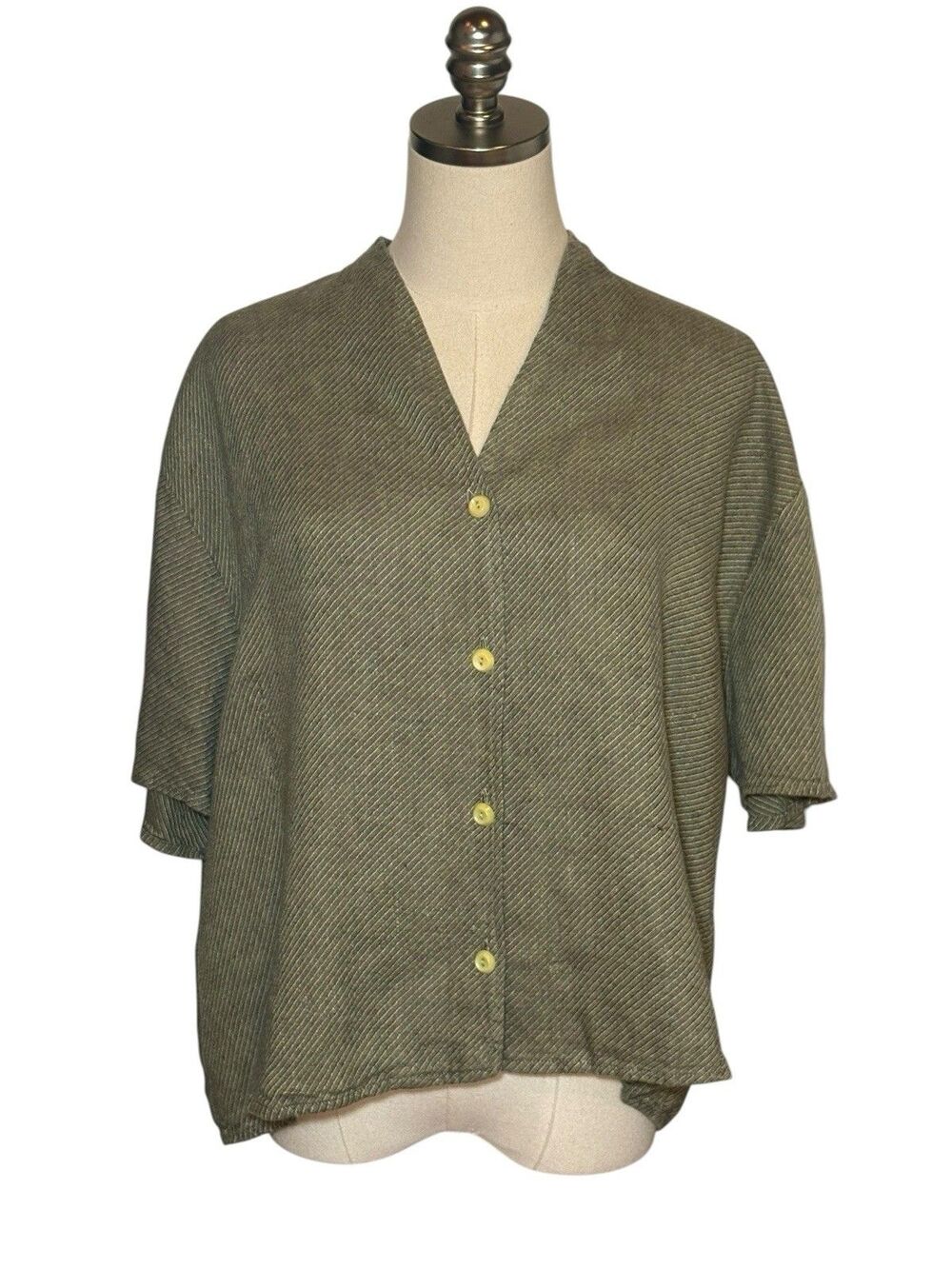 FLAX Button Up Lagenlook Shirt Womens L Olive Green 100% Linen Short Sleeve Boho